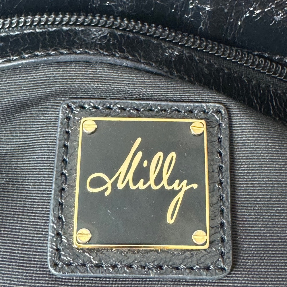 Milly Black Leather and Suede Shoulder Bag Gold Hardware Logo Charm - Picture 7 of 10